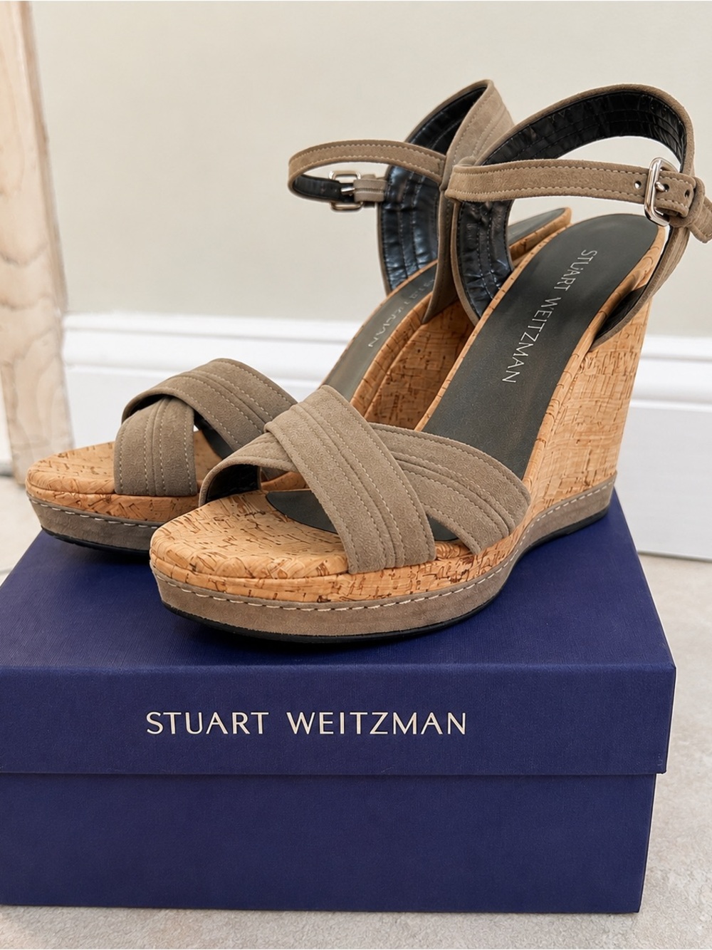 Stuart Weitzman Minky Rock Suede Cork Wedge Sandals Size 6.5